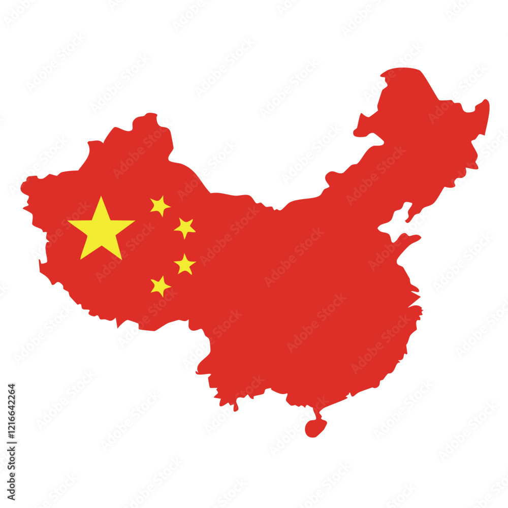 Naklejka premium A bold outline map of China filled with the colors of the Chinese national flag