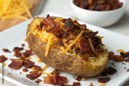 Cheddar cheese and crumbled bacon on top of a baked potato skin, cheese, snack, snappy