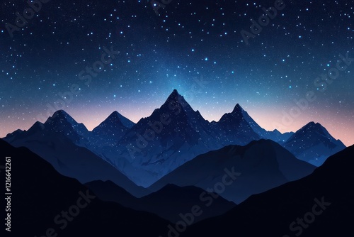 Minimalist mountain range silhouette under a starry night, where the simplicity of the scene is enhanced by the contrast between dark and light