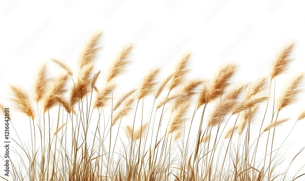 Fototapeta premium Dry pampas grass or ripe yellow orange golden wheat field summer plant isolated. Organic soft dried cereal branches harvest season 