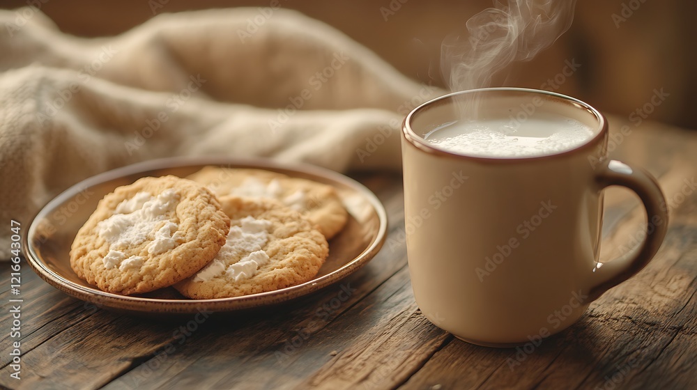 A bag of premium powdered milk placed next to a steaming mug of milk and a plate of fresh cookies on a wooden table A bag of premium powdered milk placed next to a steaming mug of milk and a plate of fresh cookies on a wooden table