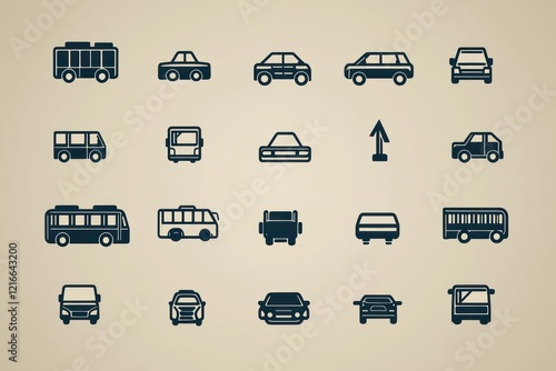 Minimalist transportation icons with clean lines, featuring symbols like cars, buses, and trains, rendered in a monochrome color scheme with a modern, sleek design