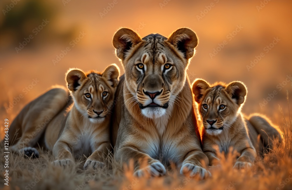 Lioness with two cubs resting in savanna grassland at sunset. Family protection concept. Majestic animals. Wild african mammals in natural habitat. Golden light emphasizes scene. Beautiful portrait Lioness with two cubs resting in savanna grassland at sunset. Family protection concept. Majestic animals. Wild african mammals in natural habitat. Golden light emphasizes scene. Beautiful portrait