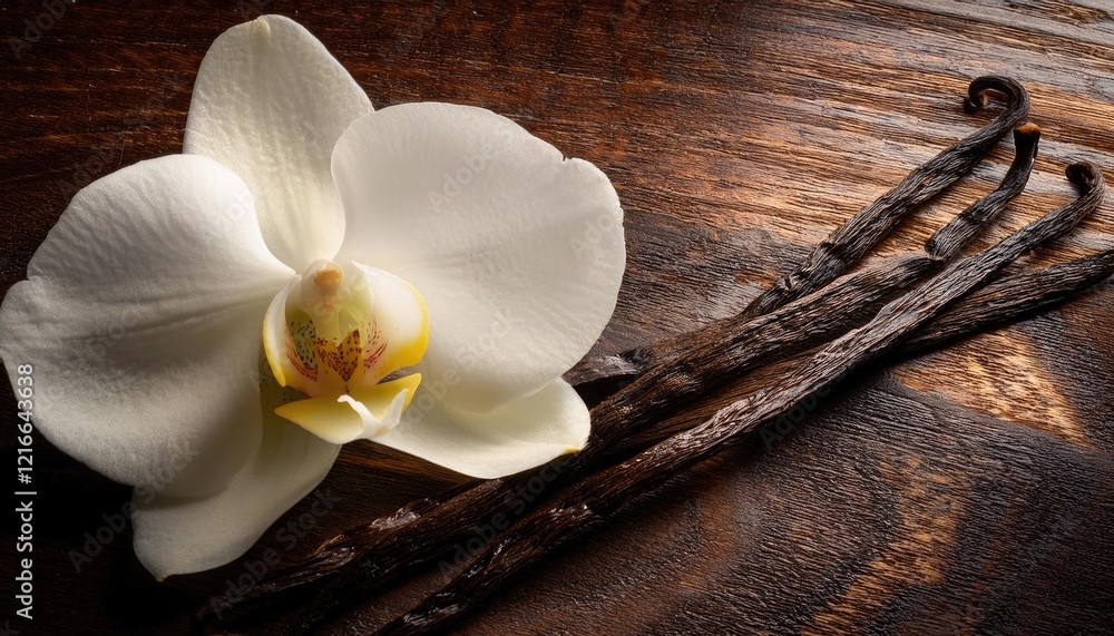 Fototapeta premium Delicate white orchids and vanilla beans carefully arranged on a rich wooden surface