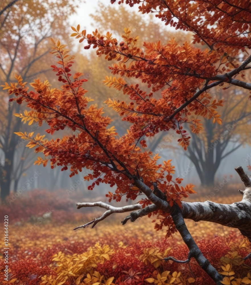 Chokeberry shrubs and other autumn foliage intertwined with fallen leaves on a tree branch, autumn leaves, chokeberry, forest scenery