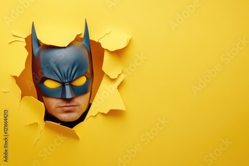 Superhero head emerges from bright yellow backdrop, creating a dramatic and playful visual effect photo