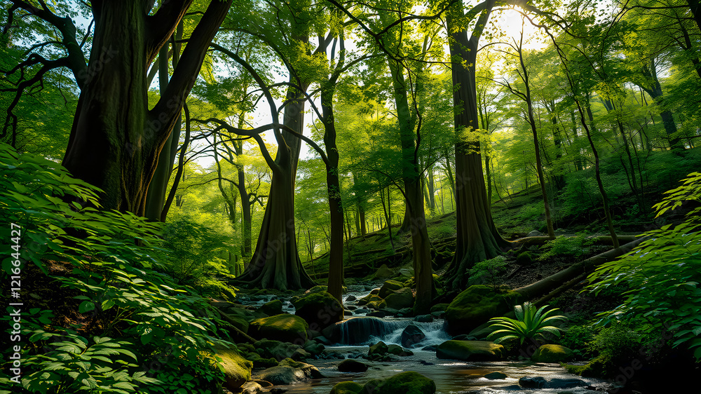 Obraz premium Beautiful spring pattern of mountain forest with morning sunlight through the trees and peaceful creak stream flowing down. Stunning landscape, green summer leaves idyllic serene lush foliage. Inspire