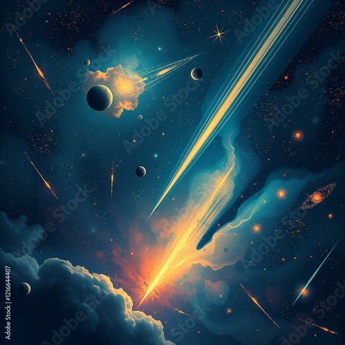 Abstract illustration of the cosmos on the theme of the origin of life in the universe with stars, comets and nebulae photo