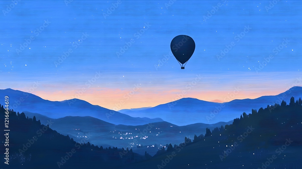 Hot air balloon over mountain valley at dawn; peaceful travel Hot air balloon over mountain valley at dawn; peaceful travel