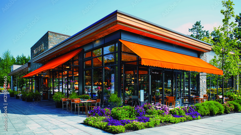 Modern Restaurant Exterior Design: Stone Facade, Orange Awning, and Lush Landscaping Modern Restaurant Exterior Design: Stone Facade, Orange Awning, and Lush Landscaping