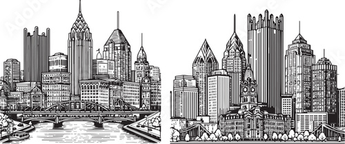 Outline Pittsburgh skyline. Trendy template with Pittsburgh city buildings and landmarks in line style. Stock vector design vector, 
