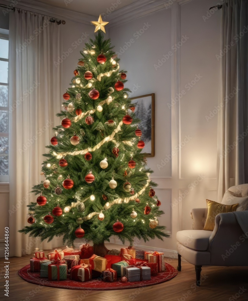 Christmas tree decorated with ornaments and lights, festive lights, xmas gifts Christmas tree decorated with ornaments and lights, festive lights, xmas gifts