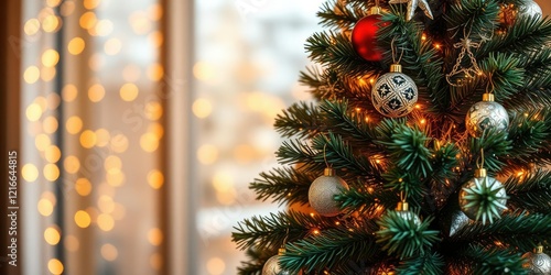 Wallpaper Mural Christmas tree adorned with glittering ornaments shines against a warm golden glow background, evergreen, baubles Torontodigital.ca