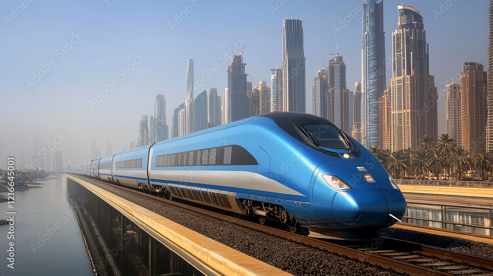 Naklejka premium Futuristic High-Speed Train in Dubai's Stunning Skyline: A Journey into the Future of Travel