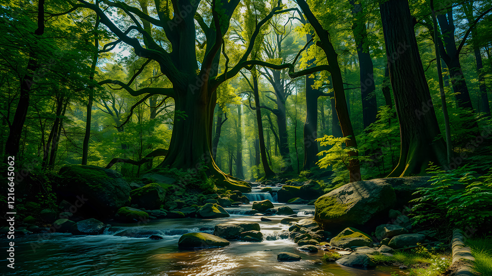 Obraz premium Beautiful spring pattern of mountain forest with morning sunlight through the trees and peaceful creak stream flowing down. Stunning landscape, green summer leaves idyllic serene lush foliage. Inspire