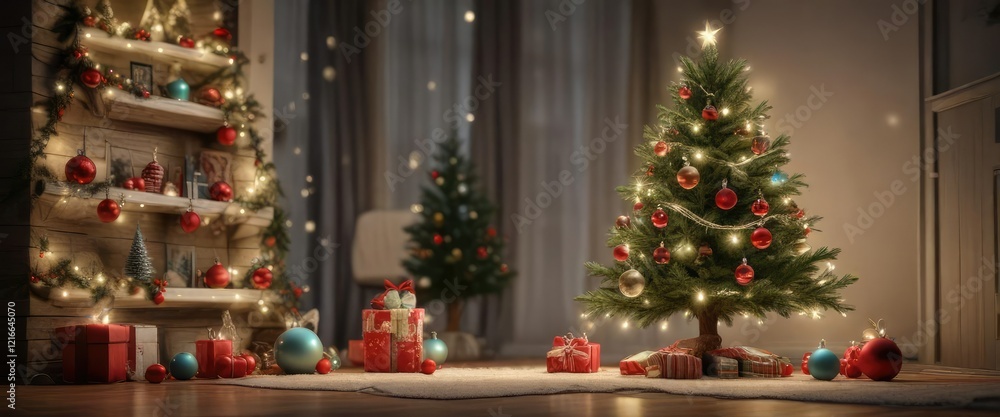 Christmas tree drawing with ornaments and lights, bows, garlands Christmas tree drawing with ornaments and lights, bows, garlands
