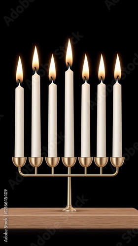 Menorah with burning candles sits on a wooden table surrounded by festive decor, capturing the spirit of Hanukkah photo