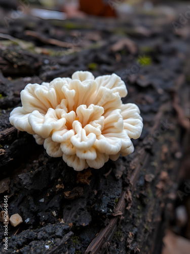 Split gill or common porecrust,a species of Schizophyllum mushrooms on fallen tree trunk on the riverbank in September in the Italian Lazio region,macro close-up photo