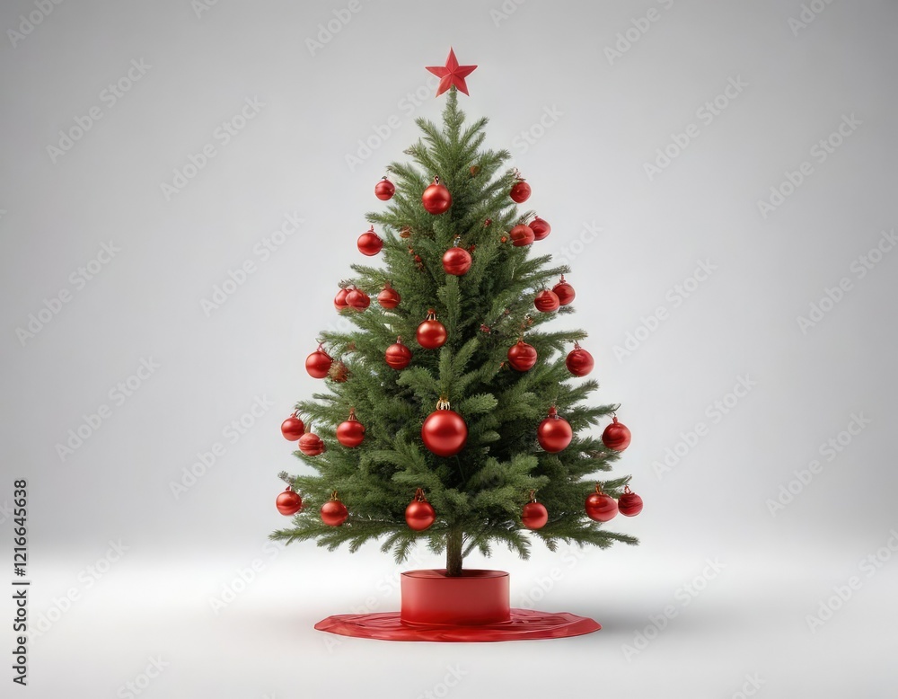 Christmas tree with red ornament isolated on white background, red berries, color, bold Christmas tree with red ornament isolated on white background, red berries, color, bold