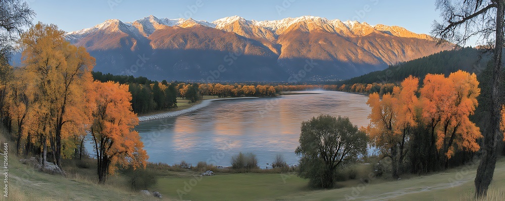 Fototapeta premium Autumnal River Landscape: Majestic Mountains and Golden Trees