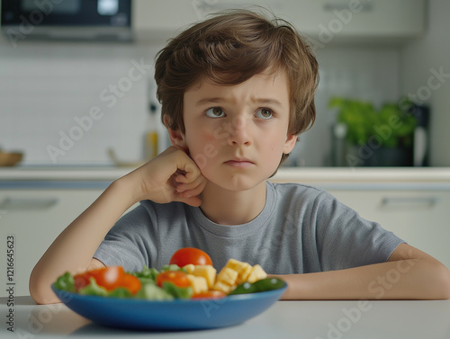 sad boy on the kitchen photo