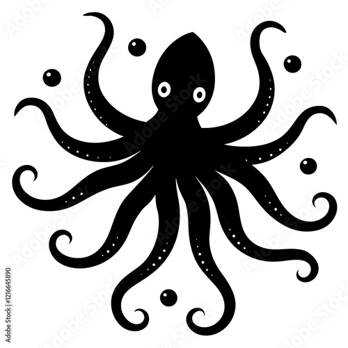 A vibrant purple octopus underwater with its tentacles spread out, surrounded by small fish, vector illustration.