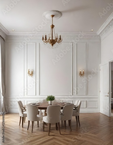 Classic Dining Room with White Wall and Mouldings, Moulded ceiling, Wooden dining table