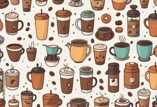 Wallpaper Mural Eclectic Coffee and Beverage Pattern Featuring Unique Cups, Lids, and Treats on Neutral Background - Fun and Inviting Design Torontodigital.ca