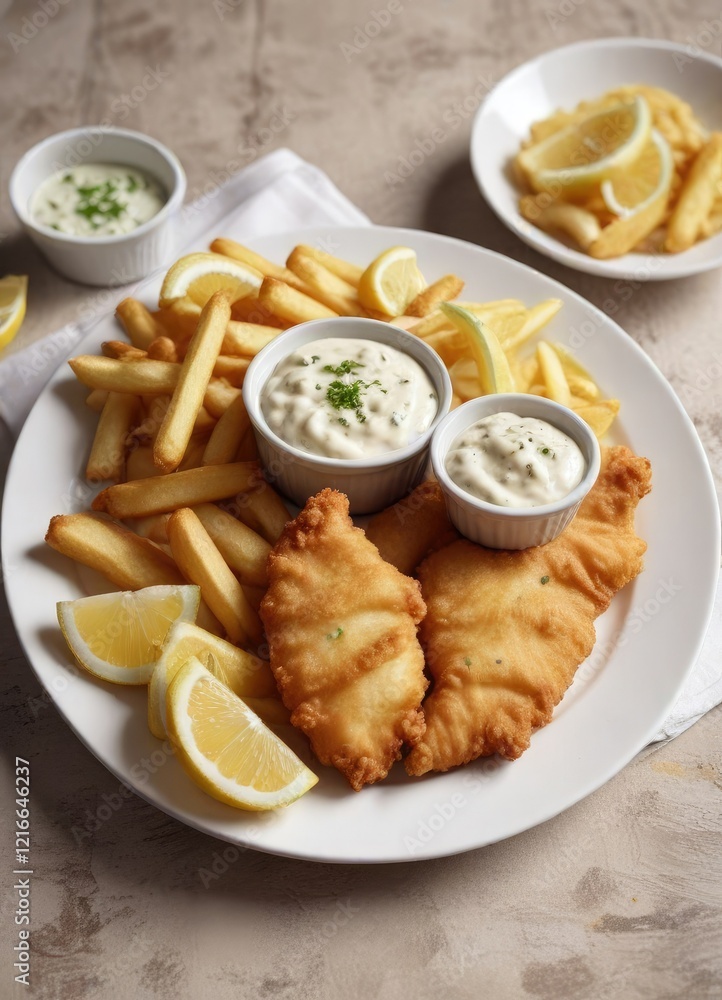 Classic plate of fish and chips on a white ceramic plate with a side of lemon wedge and tartar sauce , fish and chips, traditional, warm Classic plate of fish and chips on a white ceramic plate with a side of lemon wedge and tartar sauce , fish and chips, traditional, warm