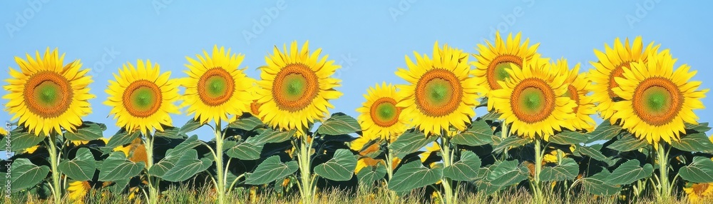 Sunflowers in field, summer day, blue sky, nature backdrop, website banner Sunflowers in field, summer day, blue sky, nature backdrop, website banner