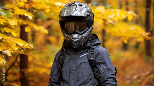 Person in Helmet on an Autumn Adventure in the Forest photo