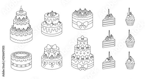 Coloring page with birthday cakes, cake slices and cupcakes with candles. Holiday desserts for anniversary, party. Festive confectionery outline set. Coloring book for print. Vector illustration