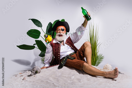 Bearded mature pirate celebrating on sandy beach with drink and parrot photo