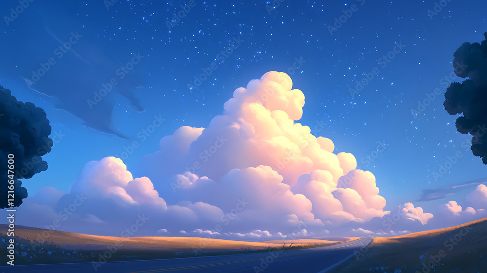 Fototapeta premium Starlit Night Sky over Serene Landscape with Illuminated Clouds