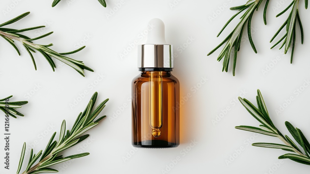 Fototapeta premium Top view of a rosemary essential oil bottle alongside vibrant green sprigs on a clean white surface, highlighting natural beauty