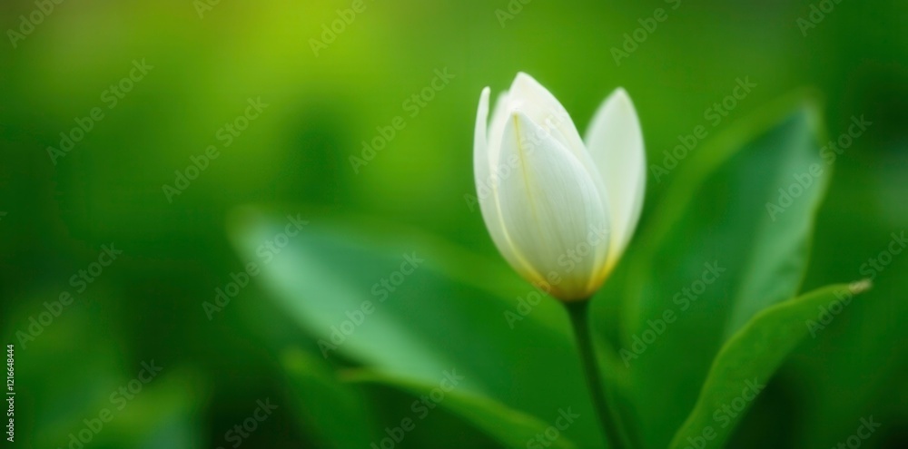 Obraz premium delicate white petals unfolding on a lush green leaf, garden, nature, spring