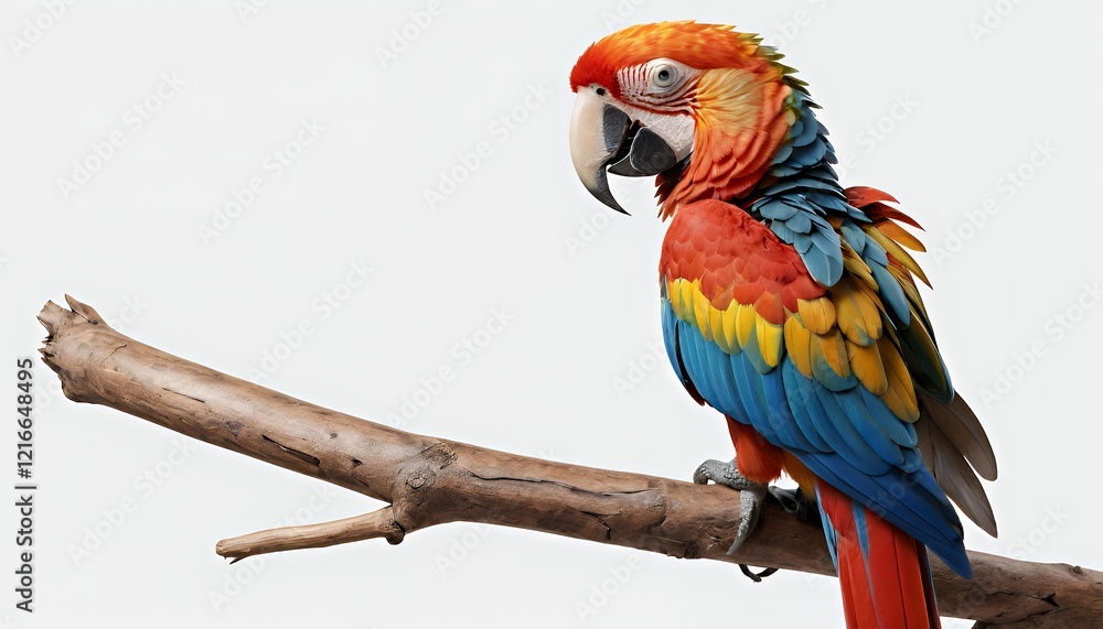 Obraz premium Scarlet Macaw Perched on a Branch: Vibrant Colors Against a White Background