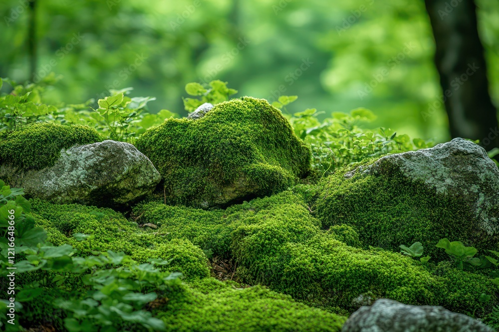 Moss-covered rocks in a forest, where the vibrant green moss creates a lush and serene natural scene. Moss-covered rocks in a forest, where the vibrant green moss creates a lush and serene natural scene.