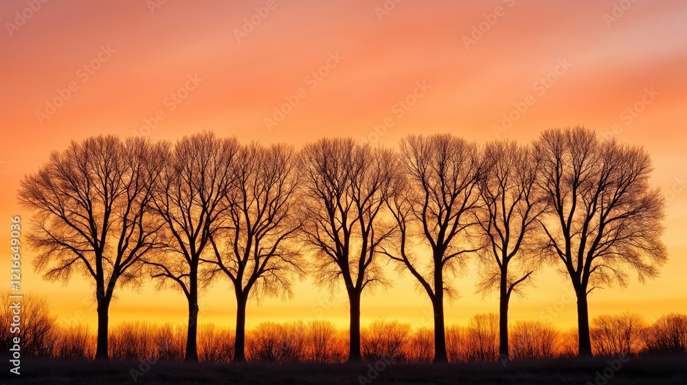 Obraz premium A row of bare trees silhouetted against a glowing orange and yellow sunset sky, creating a peaceful and balanced composition