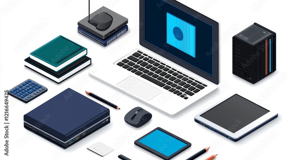 Isometric Illustration of a Modern Tech Workspace with Various Devices and Peripherals Isometric Illustration of a Modern Tech Workspace with Various Devices and Peripherals
