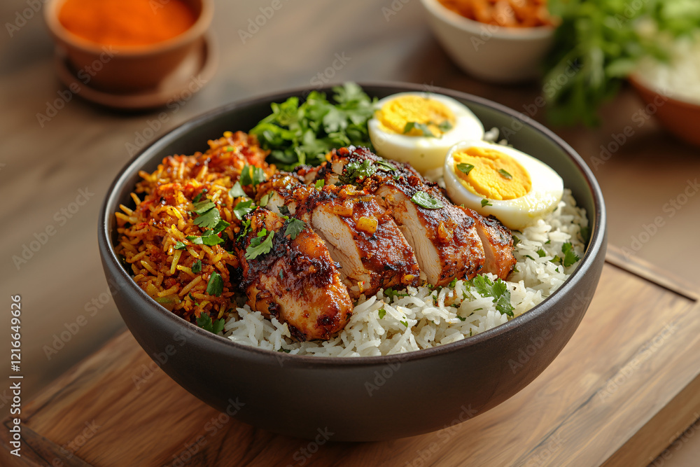 Delicious Chicken Biryani Dish with Aromatic Spices and Fresh Side Accompaniments Delicious Chicken Biryani Dish with Aromatic Spices and Fresh Side Accompaniments