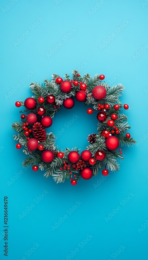 Christmas Wreath with Ornaments and Pine Branches, Holiday Decoration on Blue Background Christmas Wreath with Ornaments and Pine Branches, Holiday Decoration on Blue Background