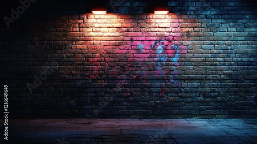 Urban night lighting highlights vibrant graffiti on a brick wall in an alleyway