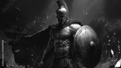 black and white image of a spartan warrior with shield and sword