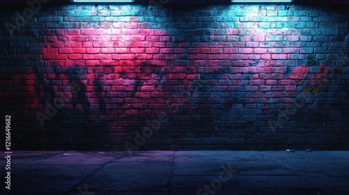 Wallpaper Mural Colorful urban graffiti on a brick wall illuminated by neon lights during nighttime in a vibrant city setting Torontodigital.ca