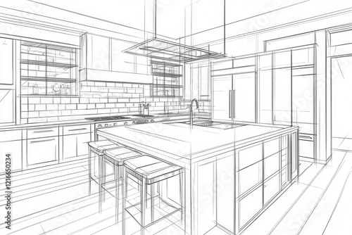 modern kitchen architectural drawing sketch design with island and bar stools