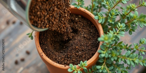 Close-up of compacted coffee grounds being poured into a small hole around a potted oregano plant, fertilizer application, herb cultivation