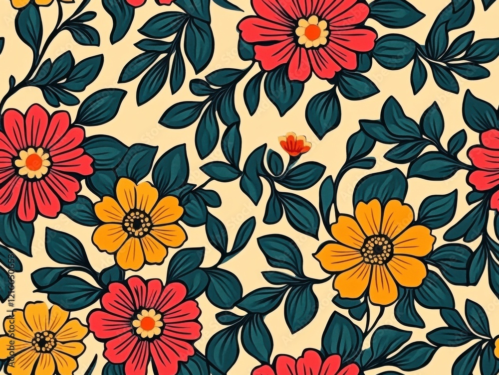 Vibrant floral pattern featuring red, orange, and yellow flowers against a soft beige background creating a lively decorative design suitable for various applications Vibrant floral pattern featuring red, orange, and yellow flowers against a soft beige background creating a lively decorative design suitable for various applications