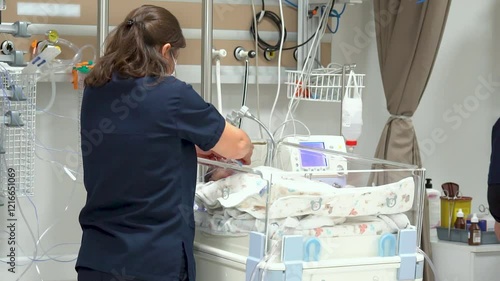 Nice shot of a nurse caring for infants in an incubator