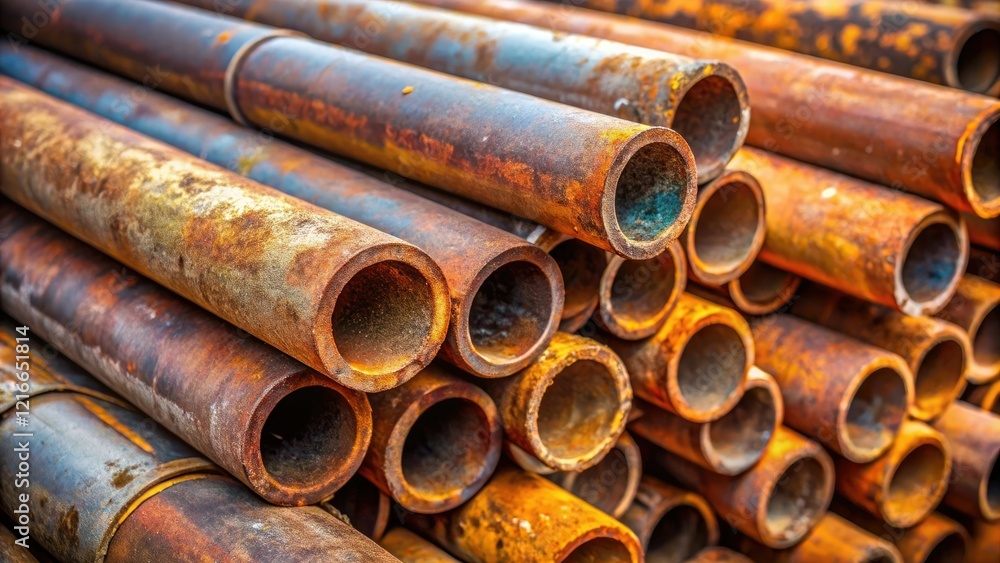Close-up of rusty metal pipes with thick coatings and corrosion, industrial pipes, metal infrastructure, worn-out components, mechanical wear and tear Close-up of rusty metal pipes with thick coatings and corrosion, industrial pipes, metal infrastructure, worn-out components, mechanical wear and tear